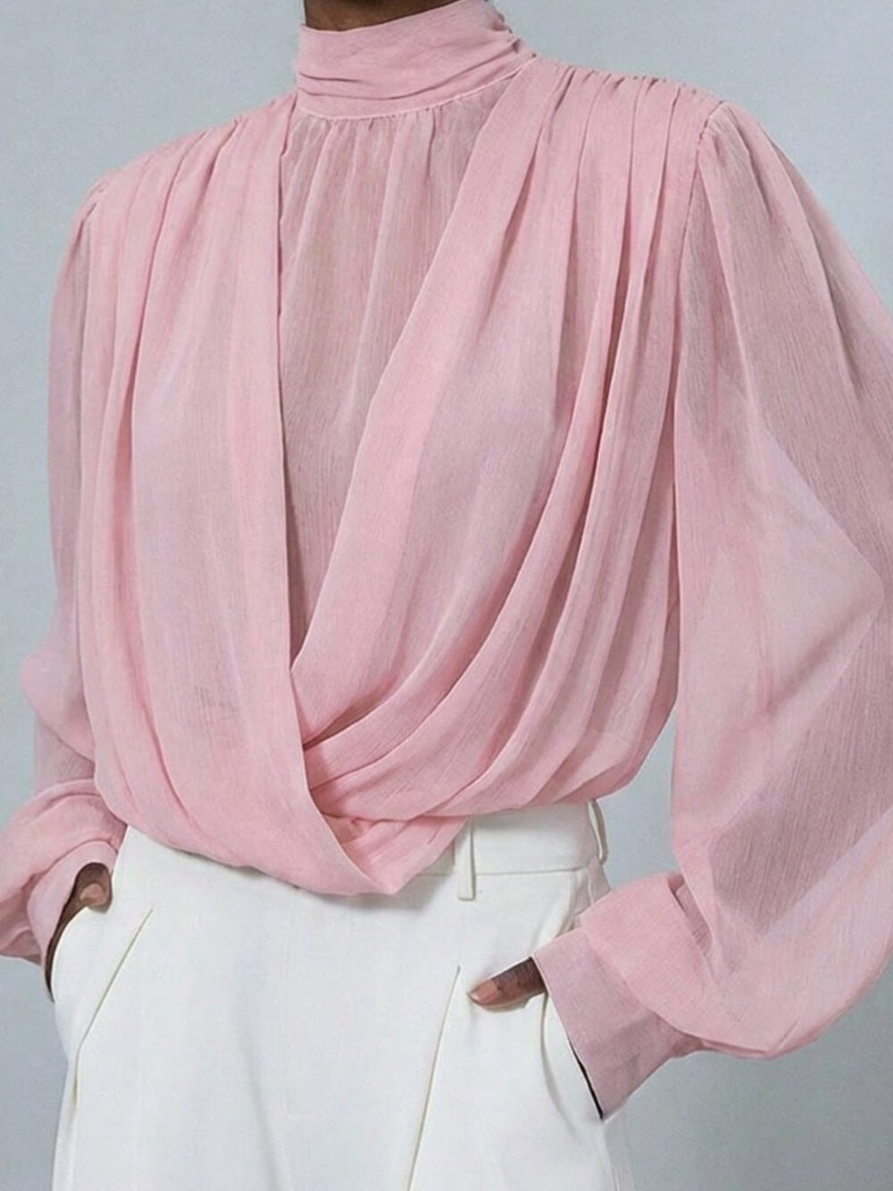 Pink Elegant Women's Mock Neck Sheer Blouse with Wrap Front and Puff Sleeves
